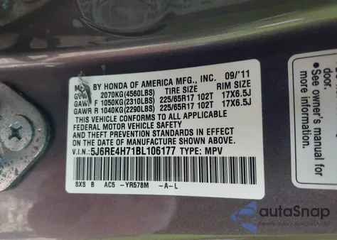 2011 Honda Cr-V Exl from USA, damaged, VIN 5J6RE4H71BL106177